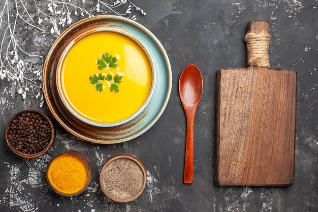 Top view of delicious pumpkin soup in a bowl