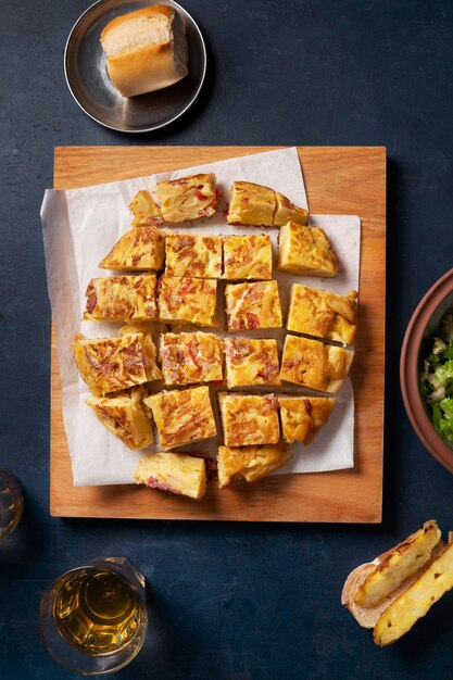 Top view delicious spanish tortilla still life