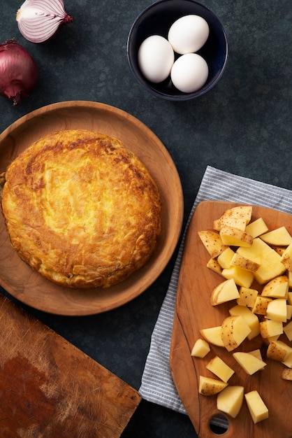 Top view delicious spanish tortilla still life