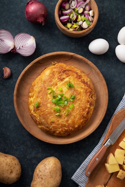 Top view delicious spanish tortilla still life