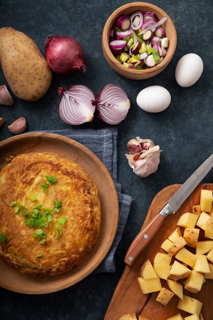 Top view delicious spanish tortilla still life