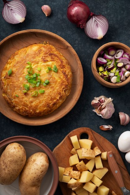 Top view delicious spanish tortilla still life