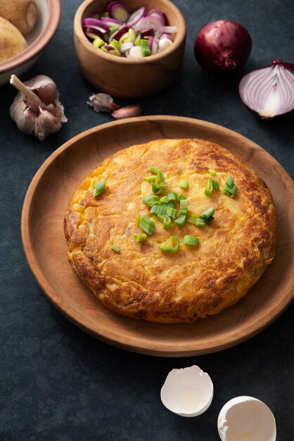 Top view delicious spanish tortilla still life