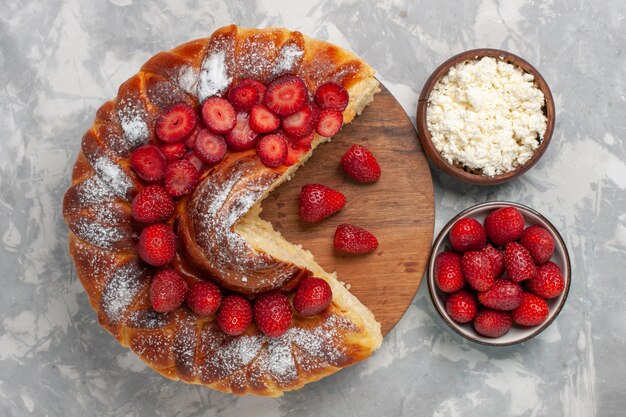 Top view delicious strawberry pie baked and yummy dessert with cottage cheese on white desk pie biscuit sugar cookies sweet cake