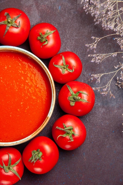 Top view delicious tomato soup circled with fresh red tomatoes on the dark background tomatoes soup meal dish sauce