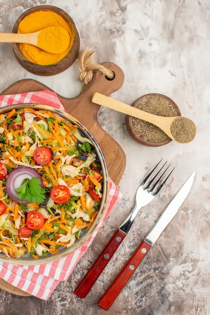 Top view of delicious vegan salad with various vegetables