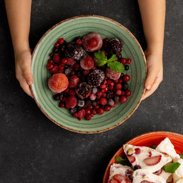 Top view of deloicious frozen fruit yogurt