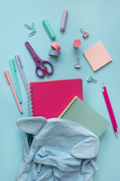 Top view desk arrangement with notebooks