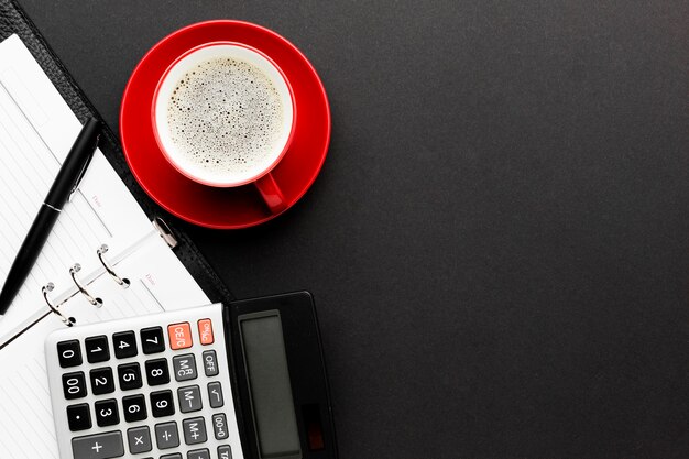 Top view desk concept with coffee