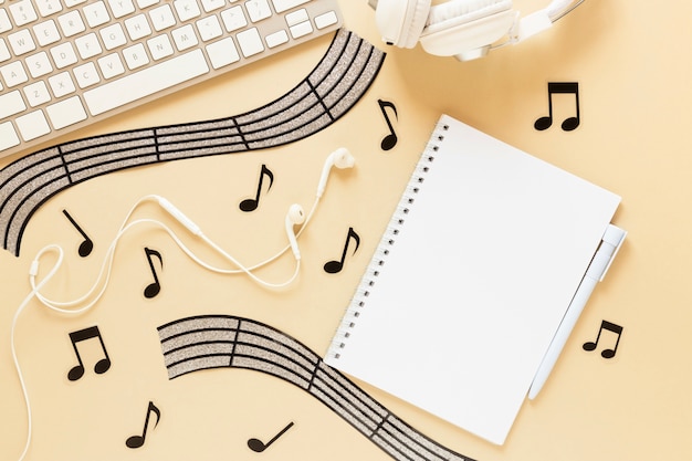 Free photo top view desk concept with musical theme