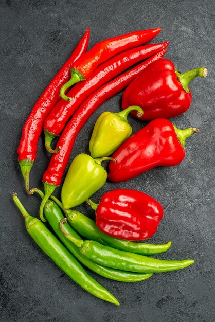 Top view different fresh peppers spicy plants