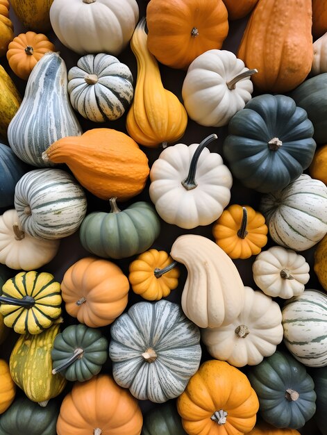 Top view different pumpkins arrangement