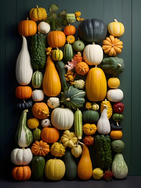 Top view different pumpkins arrangement