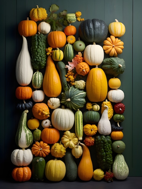 Top view different pumpkins arrangement