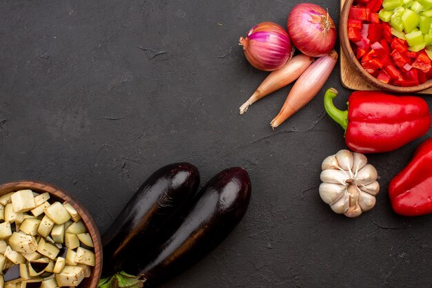 Top view different ripe vegetables on grey background salad health vegetable ripe