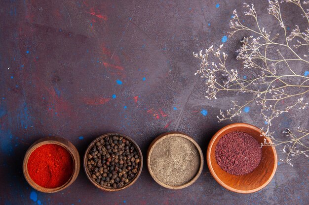 Top view different seasonings inside pots on dark space