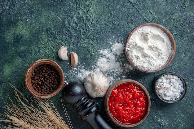 Free Photo top view different seasonings with tomato sauce and flour on a dark background tomato ripe salad vegetable color dough meal