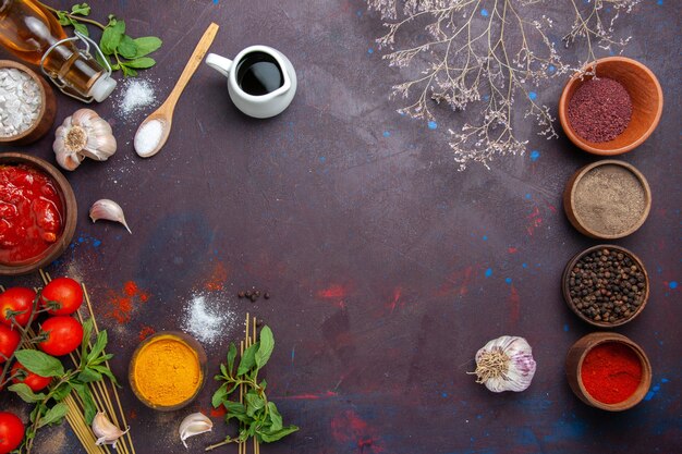 Top view different seasonings with tomatoes on dark space