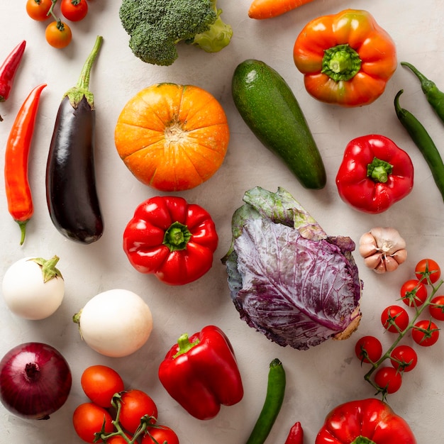 Top view different vegetables arrangement