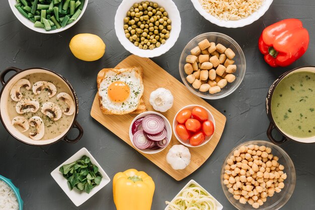 Free Photo top view of dishes with onion and bell peppers