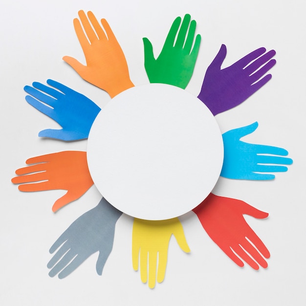 Free Photo top view diversity arrangement with different colored paper hands