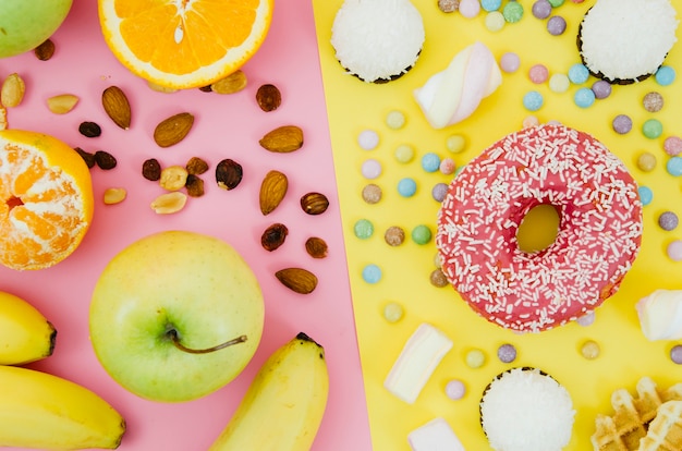 Top view donut vs fruit