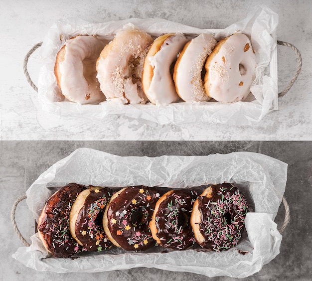 Top view donuts with frosting