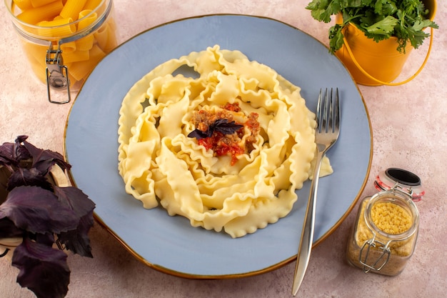 Free photo a top view dough pasta cooked tasty salted inside round blue plate with flower and raw pasta on pink desk