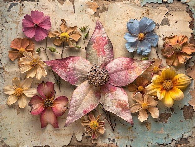 Free photo top view dried flowers on torn paper