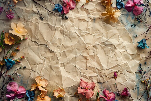 Top view dried flowers on torn paper