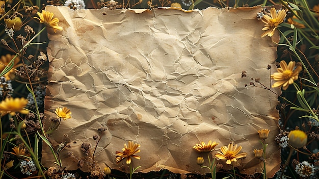 Top view dried flowers on torn paper