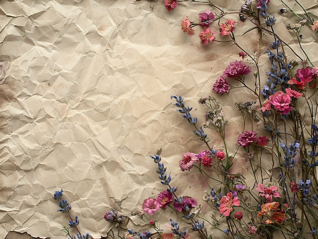 Free Photo top view dried flowers on torn paper