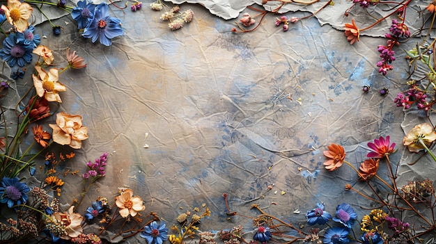 Free Photo top view dried flowers on torn paper