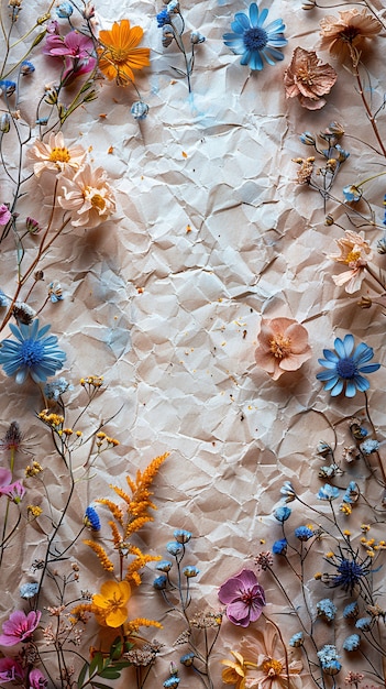 Top view dried flowers on torn paper