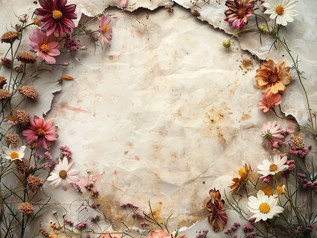 Top view dried flowers on torn paper