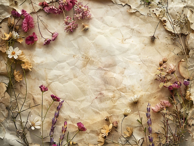 Top view dried flowers on torn paper