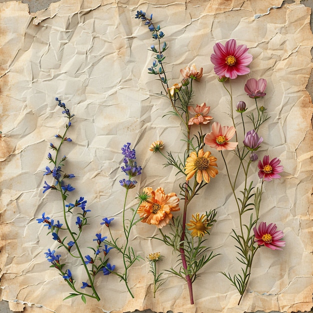 Free photo top view dried flowers on torn paper