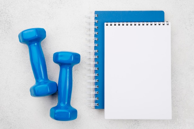 Free Photo top view dumbbells with notebook