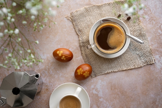 Top view easter coffee decorations still life