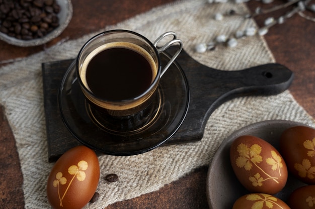 Top view easter coffee decorations still life