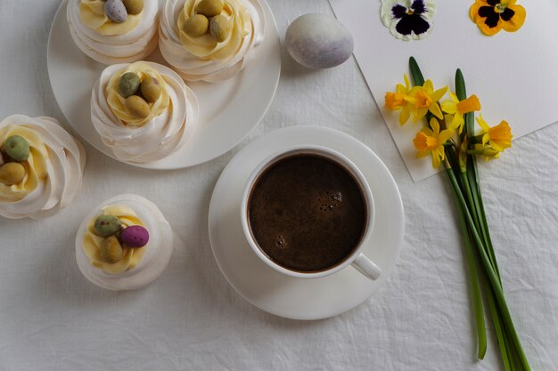 Top view easter coffee and decorations