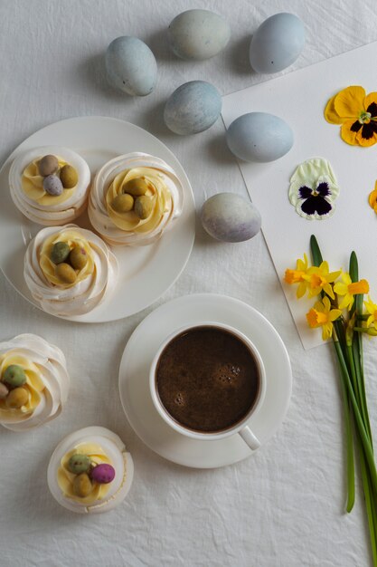 Top view easter coffee and decorations