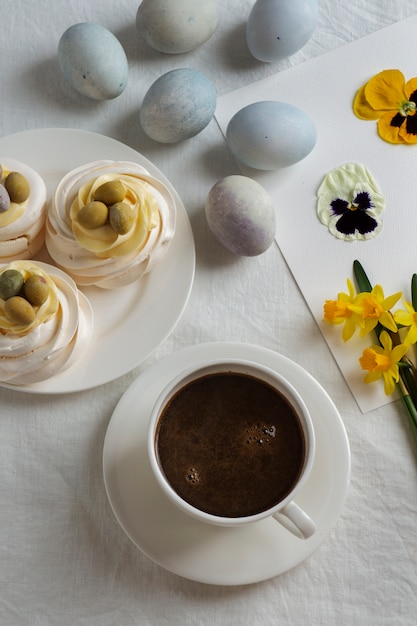 Top view easter coffee and decorations