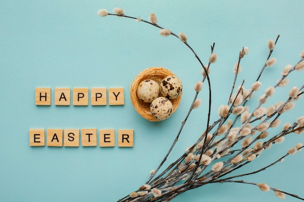 Free photo top view of easter eggs with greeting and twigs