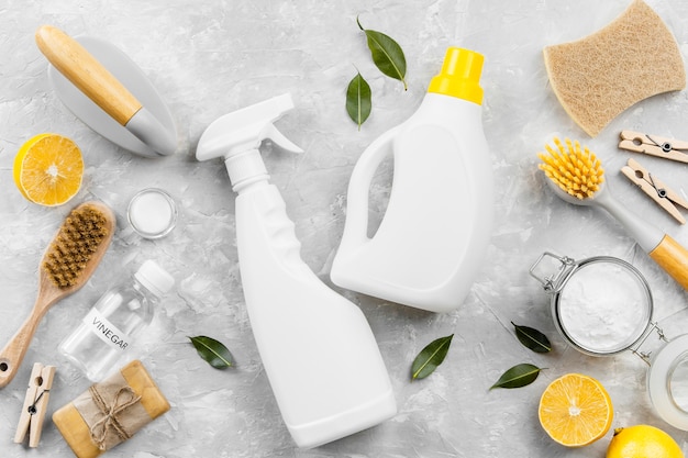 Free photo top view of eco-friendly cleaning products with baking soda and lemon