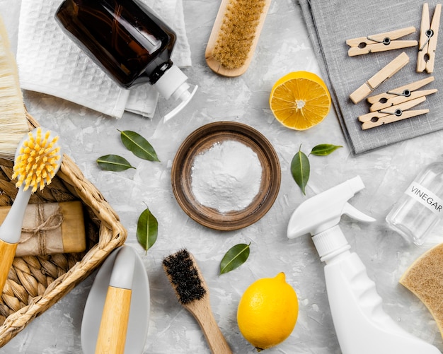 Top view of eco-friendly cleaning products with baking soda