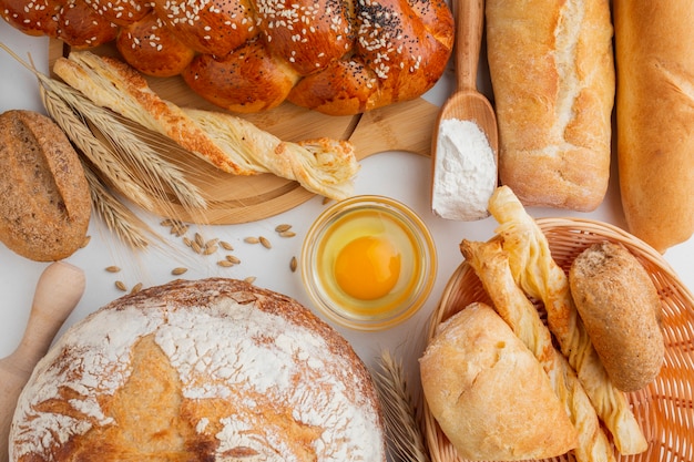 Top view of egg and assortment of pastry