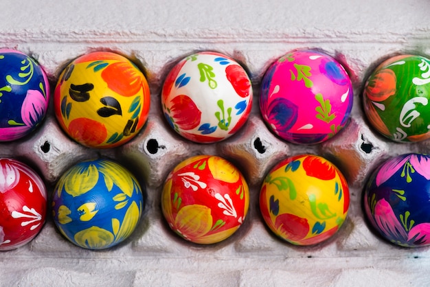 Top view of egg carton with eggs for easter day