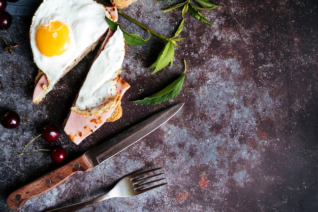 Free photo top view egg and ham toast with copy space