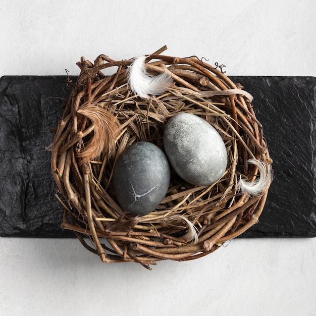 Top view of eggs for easter in bird nest